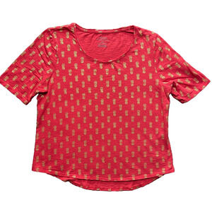 Chico's Shirt Womens Size 2 L Ultimate Tee Red Gold Pineapple Print Top Festive